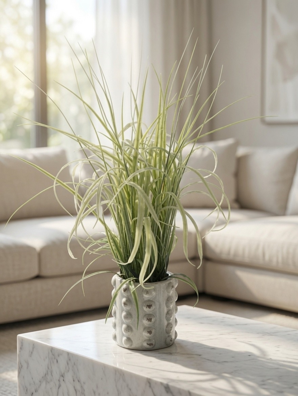 Artificial Grass Houseplant Arrangement Ribbed Textured Ceramic Pot Planter VG